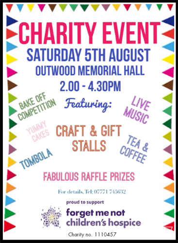 Poster showing the charity event in Outwood in August